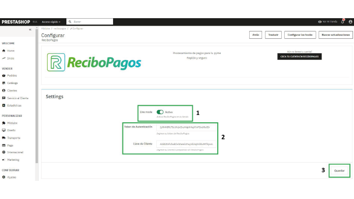 Imagen 3 del paso a paso para integrar Recibo Pagos a tu página Web con Prestashop