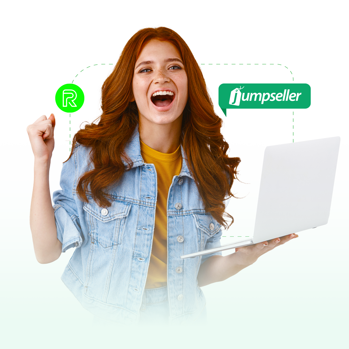 Mujer emprendedora sonriendo trabajando en su notebook. En la imagen se sobreimprime el logo de JumpSeller y el isotipo de ReciboPagos.